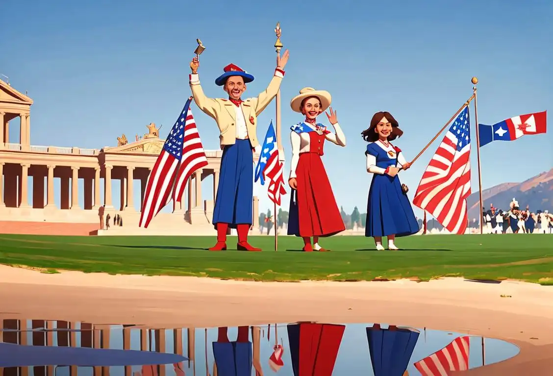 Group of diverse people wearing patriotic-themed clothing, smiling and waving flags, with a scenic background reflecting national landmarks..