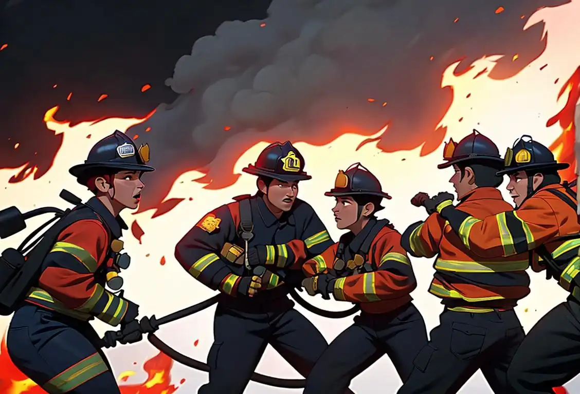 A group of firefighters in full gear bravely battling a raging inferno, surrounded by a supportive community, diverse in fashion and backgrounds. .