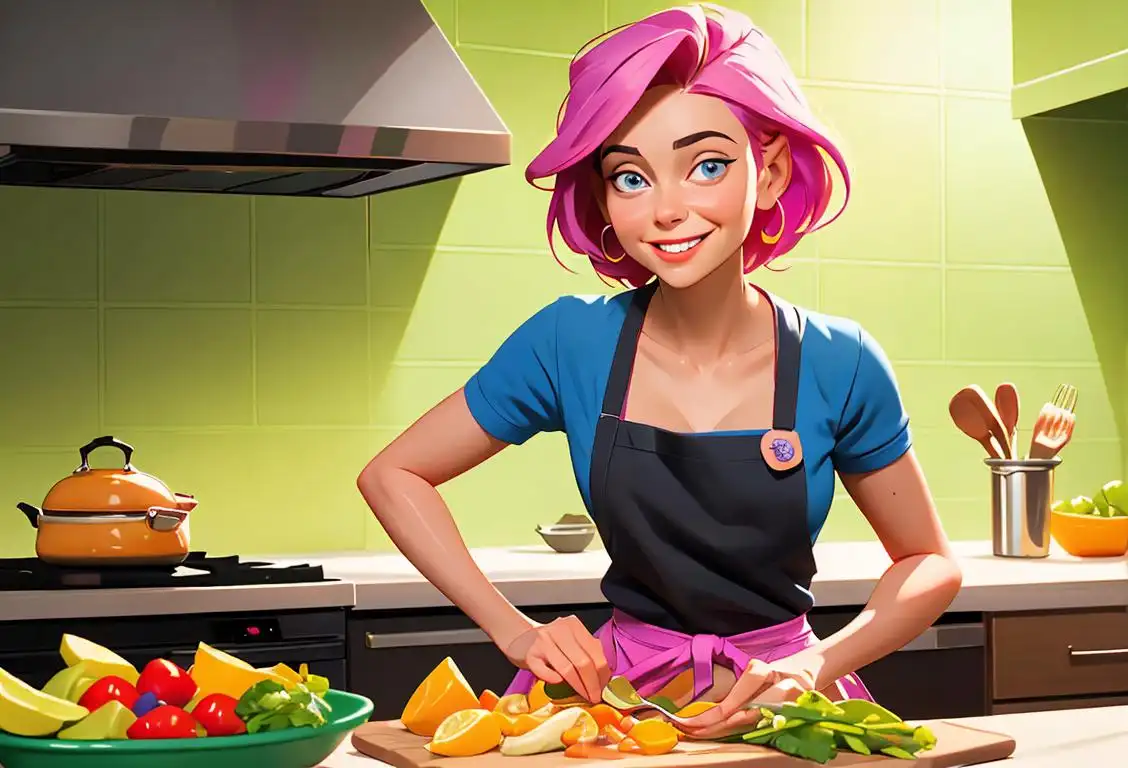 A smiling woman in a colorful apron, preparing a nutritious and vibrant meal in a modern, well-stocked kitchen..