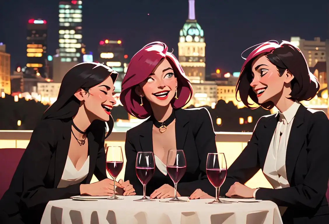 Group of diverse women in trendy outfits, laughing and clinking wine glasses, surrounded by city lights and high-rise buildings..