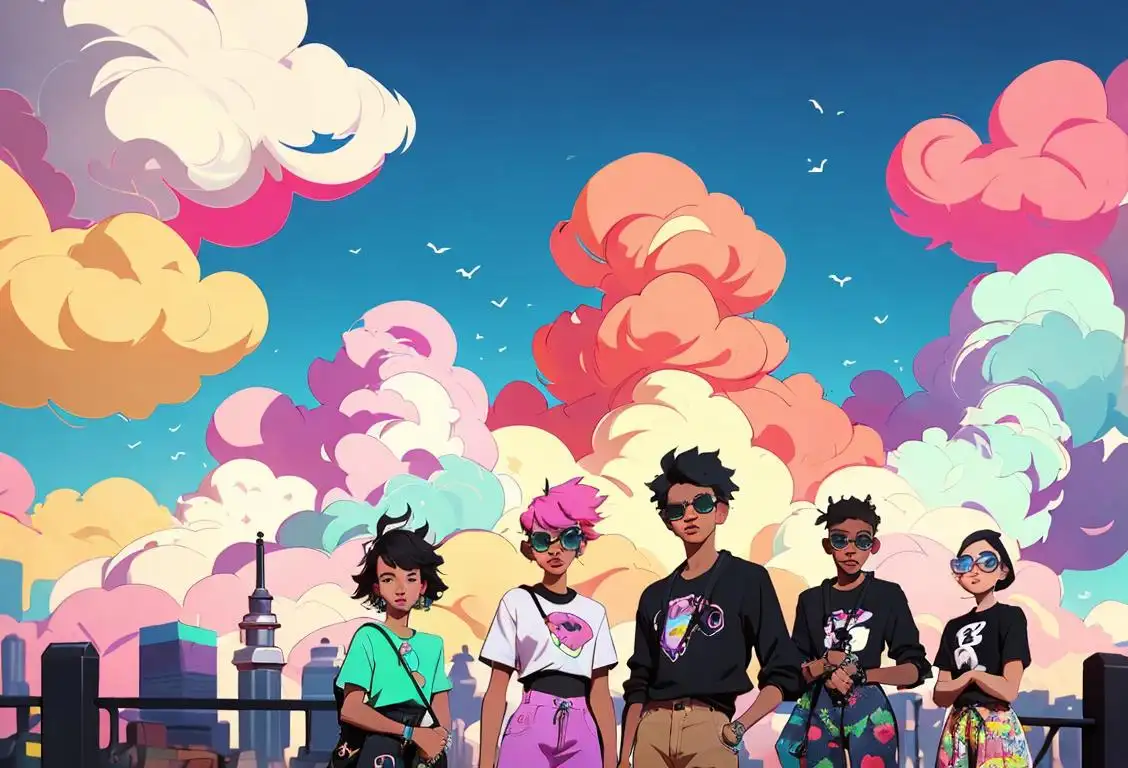 A diverse group of people in trendy attire, surrounded by colorful vape clouds in a hip urban setting..