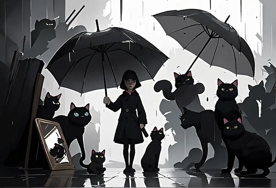 A person wearing a raincoat, carrying an umbrella, standing in front of a broken mirror. Dull lighting, gloomy weather, with a black cat crossing their path..