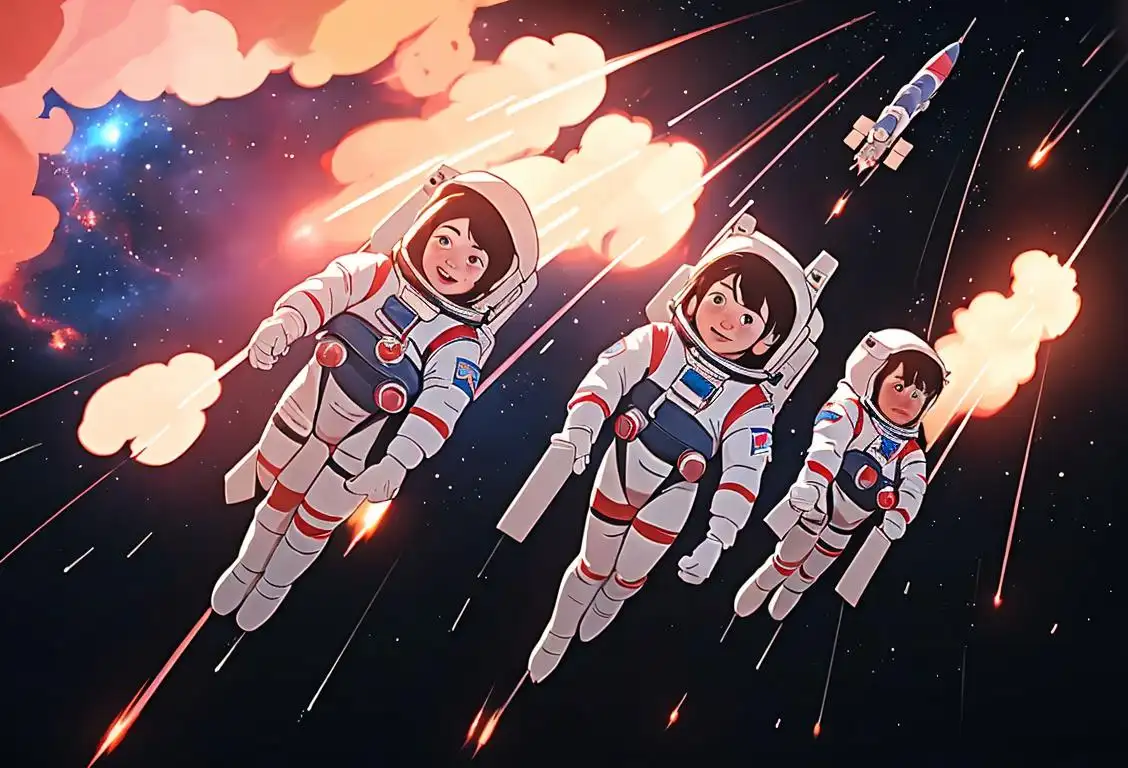 Energetic rockets soaring through the sky, excited crowd with flags, children in astronaut costumes, space-themed backdrop..