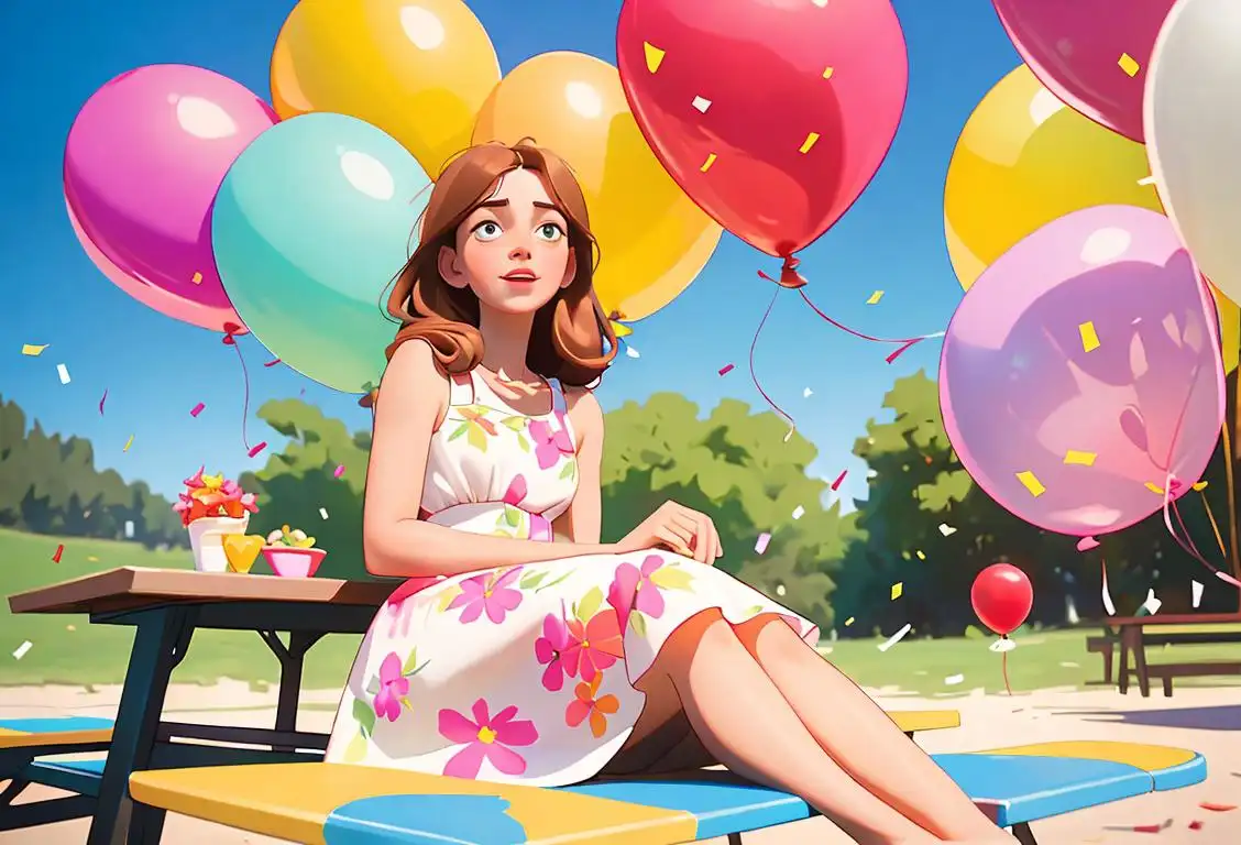 Young woman named Anna wearing a floral sundress, sitting at a picnic table, surrounded by colorful balloons and confetti..