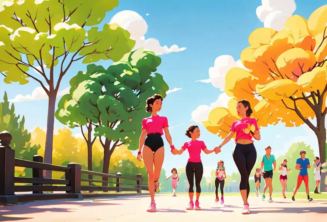 A diverse group of people holding hands, dressed in bright workout clothes, in a vibrant outdoor park setting..