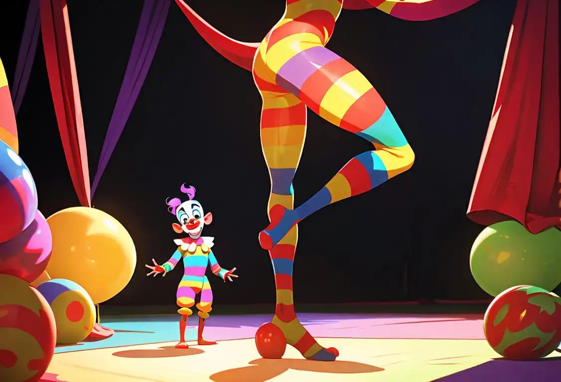 Young boy on stilts, wearing colorful clown costume, surrounded by circus decorations and audience..