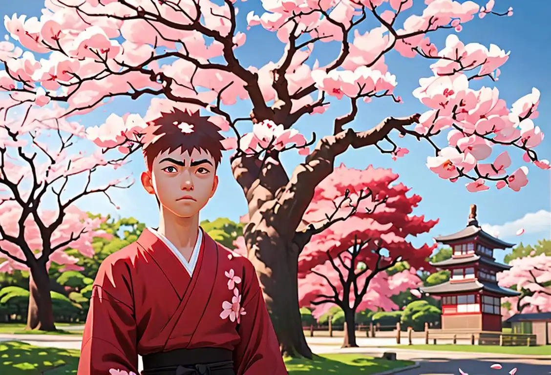 Young person with passion for Shirou, wearing a kimono, in front of a cherry blossom tree, surrounded by anime merchandise and Japanese cultural references..