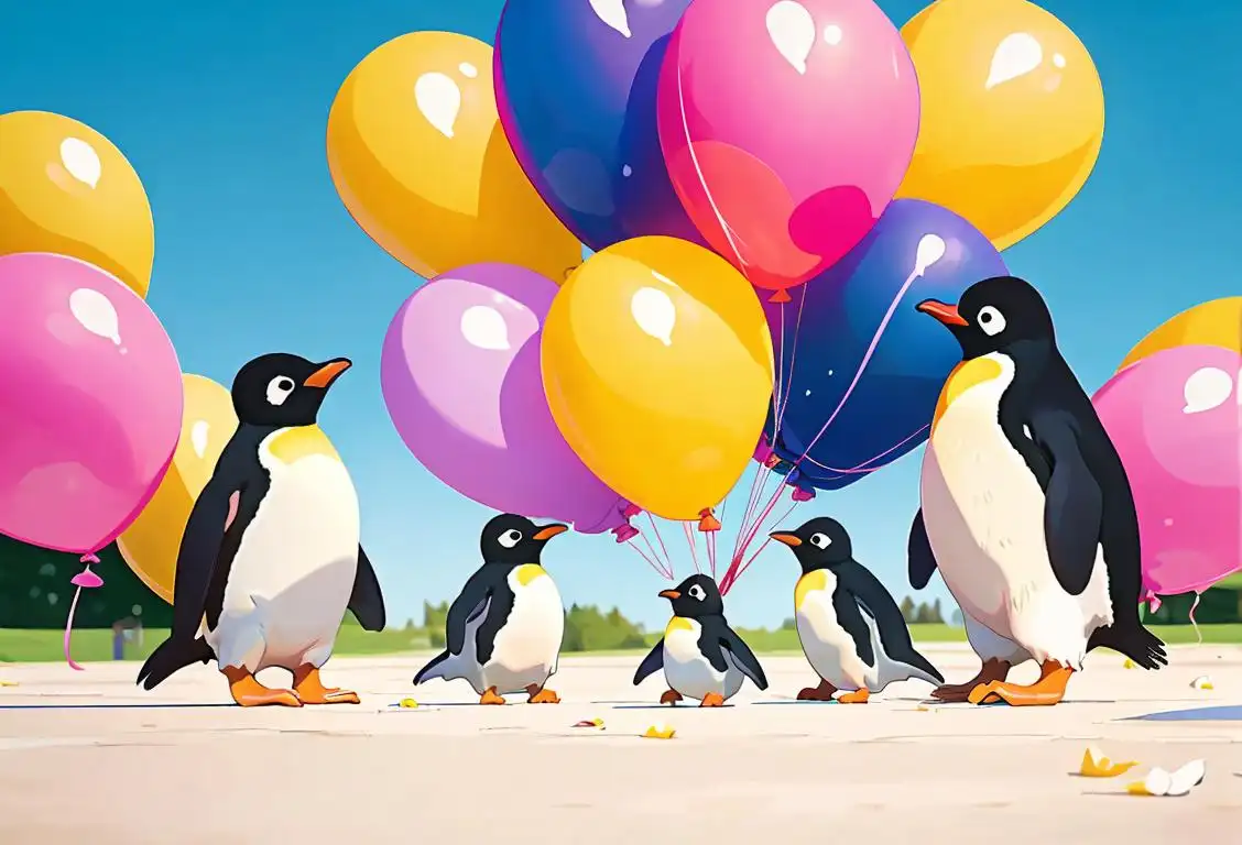 Young children wearing penguin costumes, waddling happily in a park, surrounded by colorful balloons..
