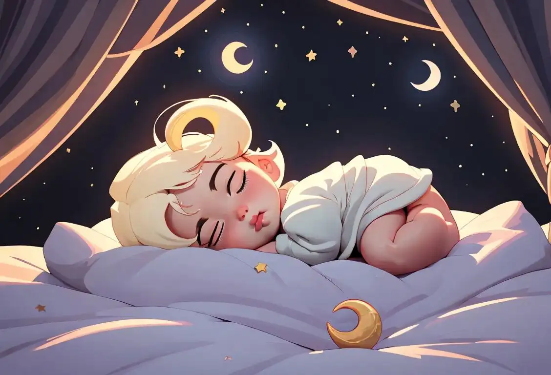 A cozy bed with soft, fluffy pillows and blankets, surrounded by stars and a crescent moon..
