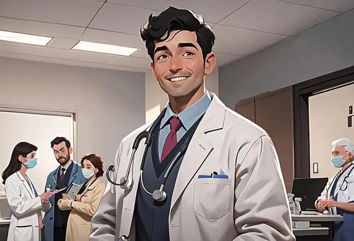 Smiling doctor holding stethoscope, wearing white lab coat, standing in a modern hospital setting with patients in the background..