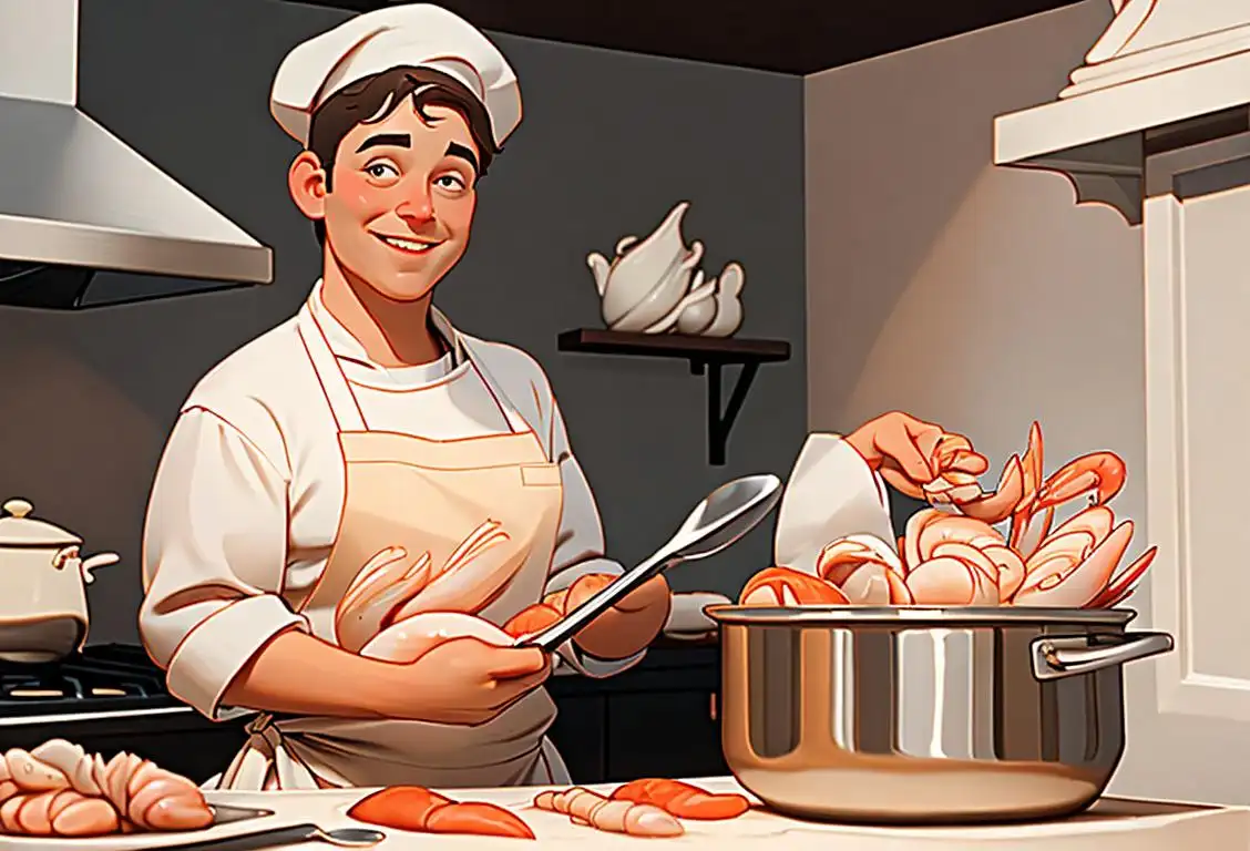 A smiling chef wearing a white apron and sailor hat cooking a pot of creamy seafood bisque in a cozy coastal kitchen..