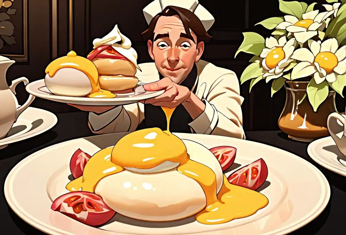 Lighthearted chef holding a plate with a perfectly poached egg draped in velvety hollandaise sauce, surrounded by elegant brunch table setting and fresh flowers..