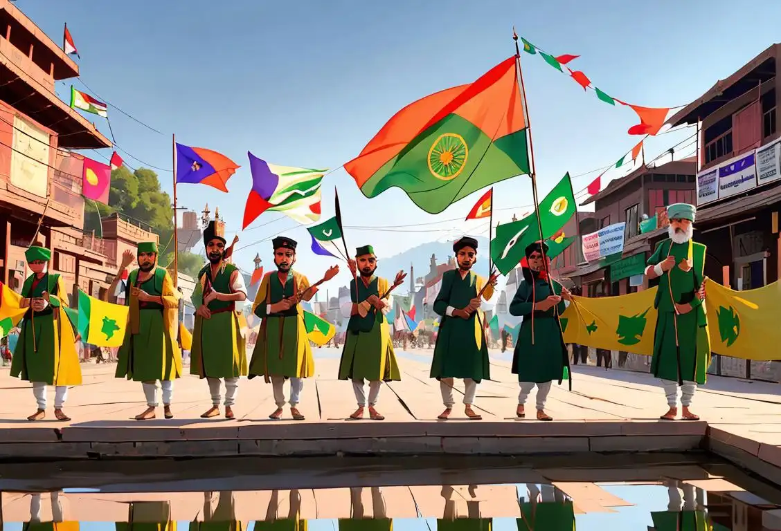 A group of diverse people with bright smiles, holding and waving the national flag at Lal Chowk in Srinagar on Independence Day. Some wearing traditional attire, reflecting the cultural diversity of India..