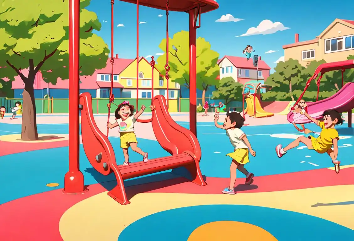 Young children playing in a colorful playground filled with swings, slides, and laughter on National Kids Day, surrounded by a vibrant cityscape..