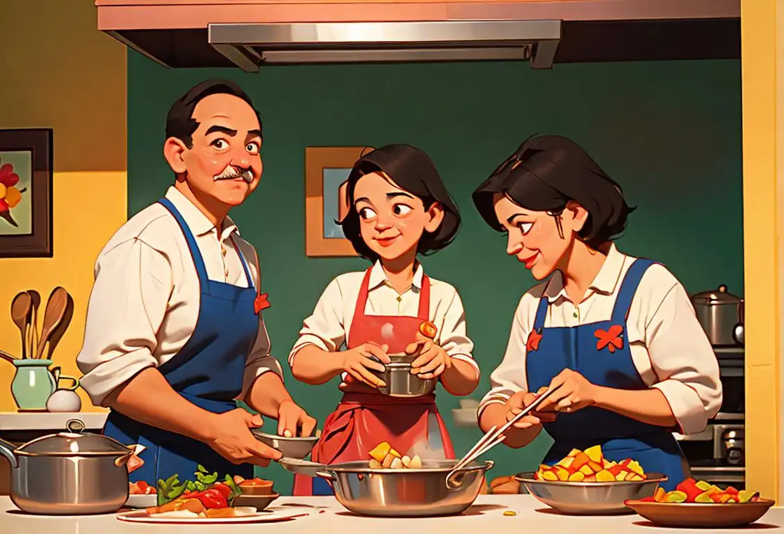 Cheerful family gathered around a steaming pot of Menudo, wearing aprons, in a cozy kitchen with colorful Mexican decor..