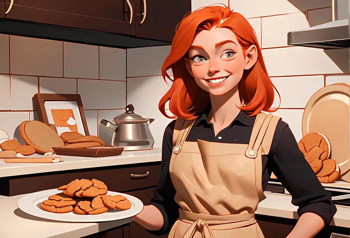 A smiling redhead, wearing an apron, holding a tray of freshly baked gingersnap cookies in a cozy kitchen..