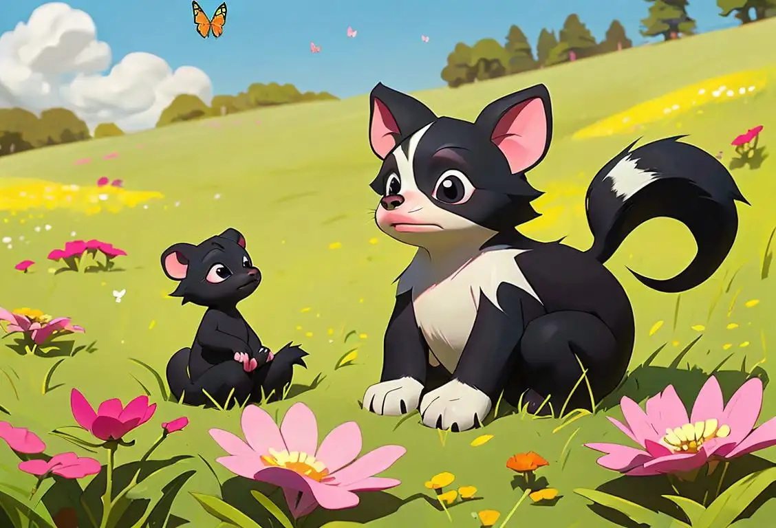 Sweet baby skunk with adorable markings sitting in a grassy meadow, surrounded by colorful wildflowers and butterflies..