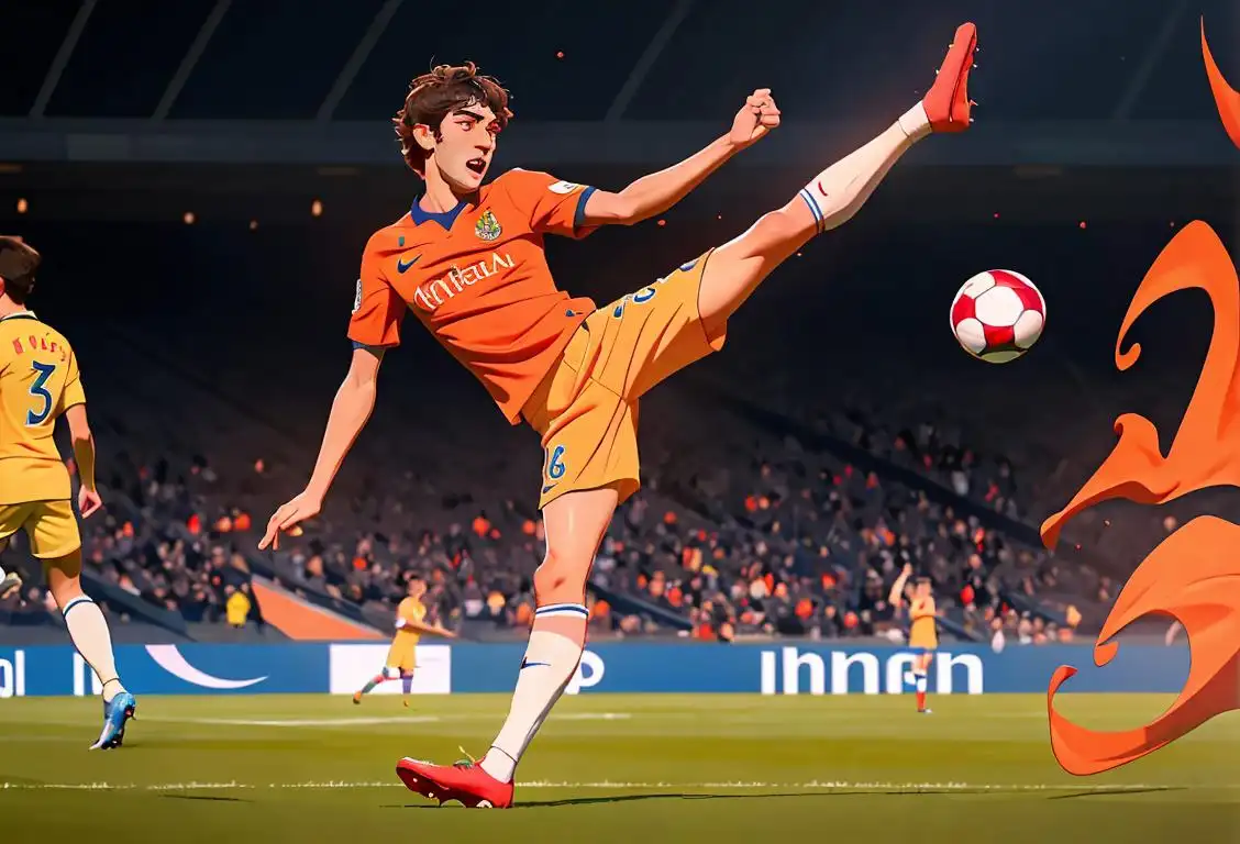 Sergi Roberto, professional soccer player, wearing his team's uniform, kicking the ball, with a stadium filled with cheering fans in the background..