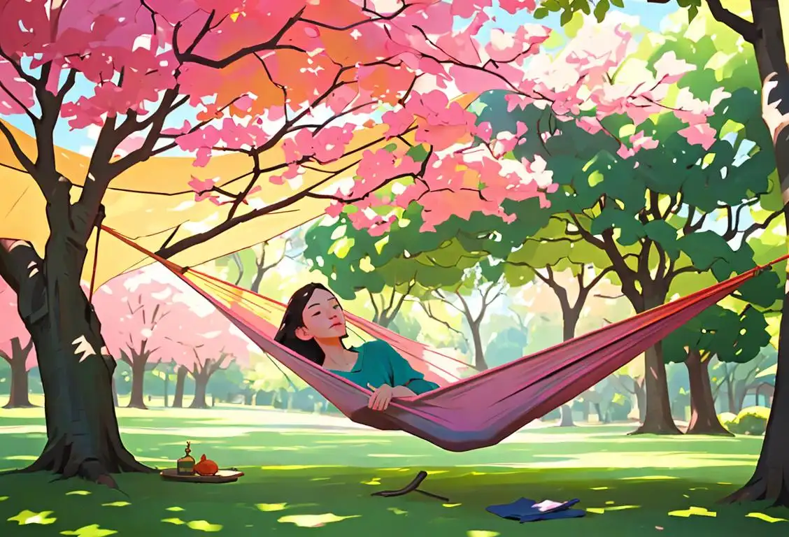 A person relaxing in a colorful hammock under a shady tree, wearing comfortable summer clothes, surrounded by a serene garden..