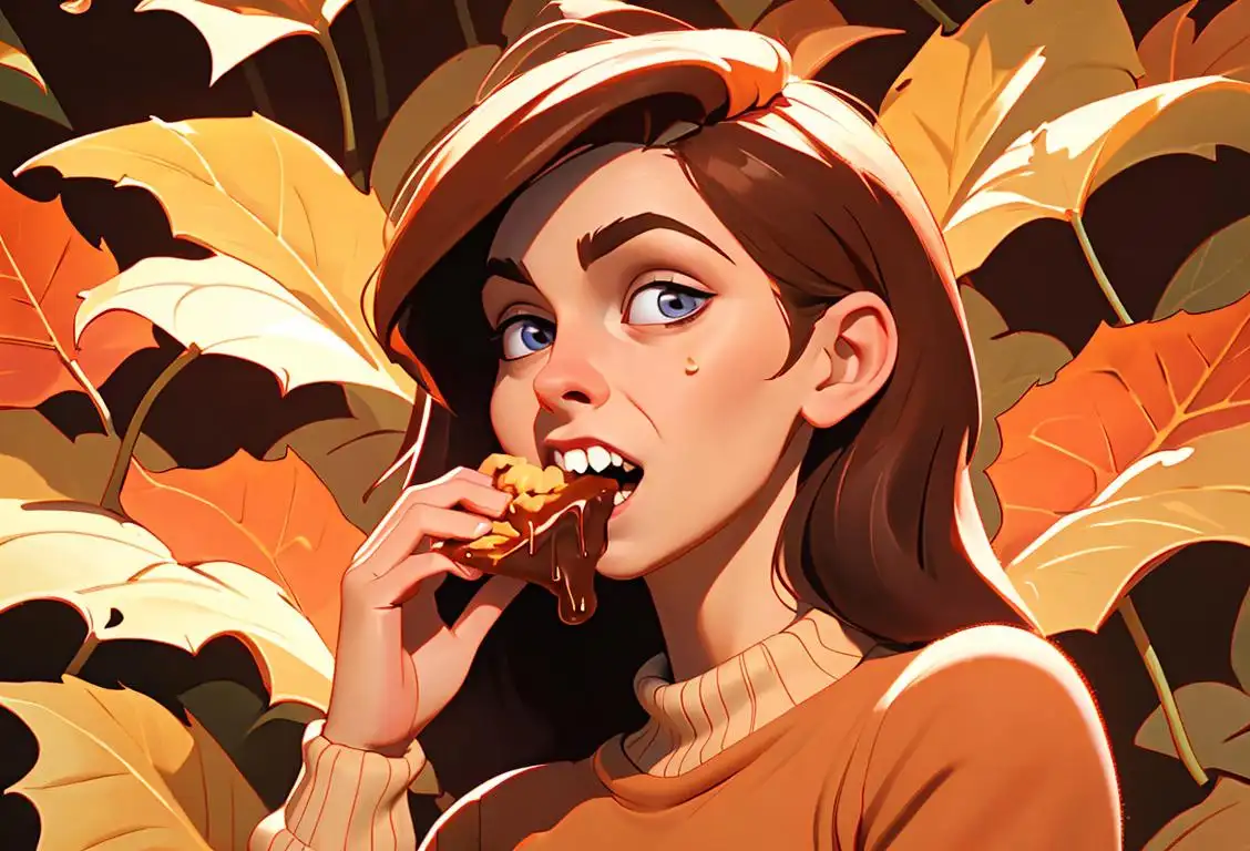 Happy woman biting into a delicious english toffee, wearing a cozy sweater, autumn leaves falling in the background..
