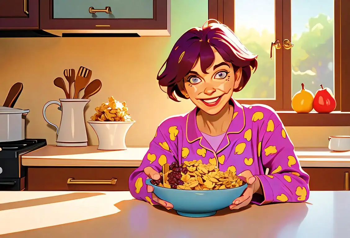 A cheerful person enjoying a bowl of raisin bran cereal in a sunny kitchen, wearing cozy pajamas and surrounded by colorful fruits..