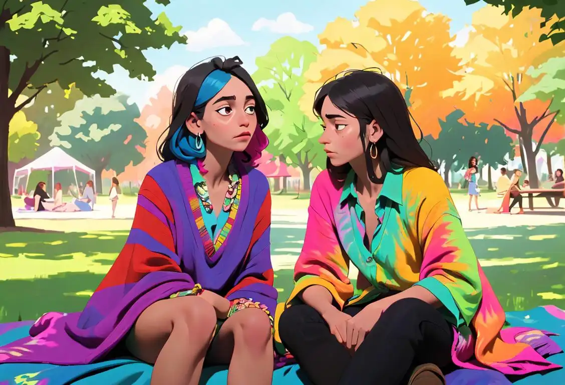 Young adults peacefully sitting in a park, surrounded by colorful tie-dye blankets, wearing bohemian fashion, while sharing a joint and enjoying nature..