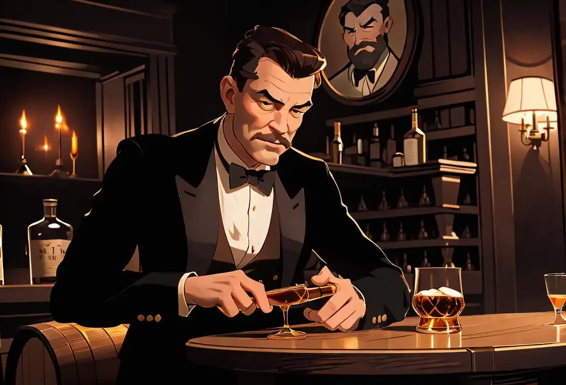 An elegant whiskey glass with golden liquid, surrounded by oak barrels, a refined gentleman pouring a dram, classic attire, dimly lit whiskey bar..