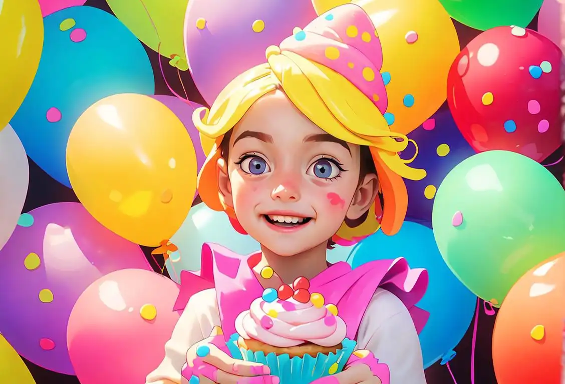 A joyful child holding a cupcake with colorful sprinkles, wearing a party hat and surrounded by balloons..