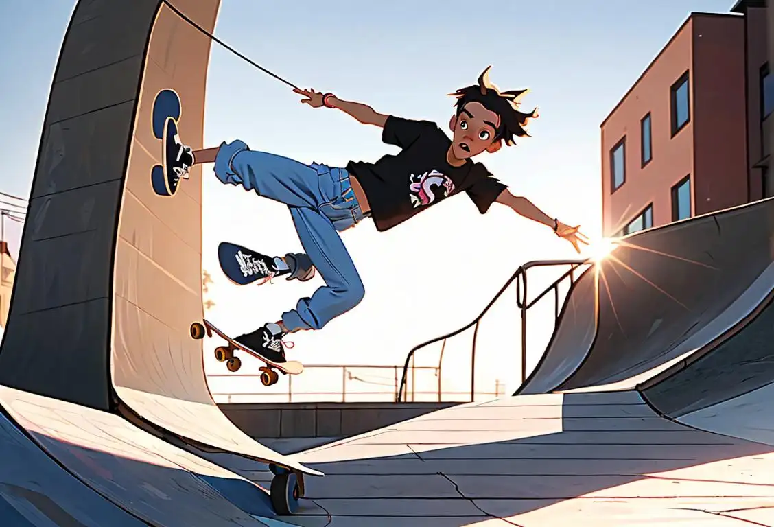 Young skateboarder performing a kickflip in a sunlit skatepark, wearing baggy jeans and a graphic t-shirt, trendy urban setting..