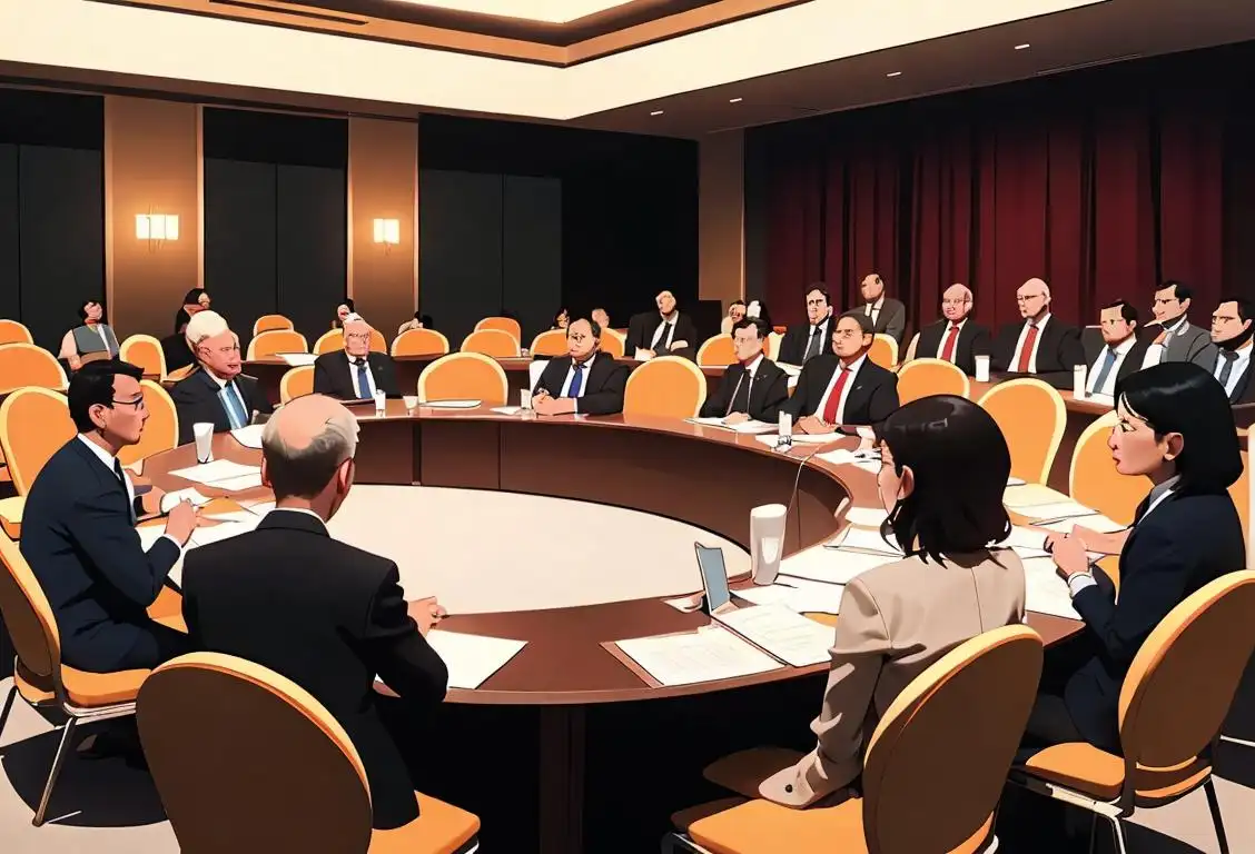 A diverse group of people in professional attire, holding microphones, discussing and exchanging ideas in a conference hall setting..