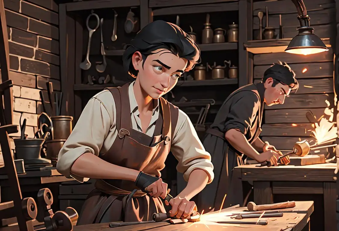 Young blacksmith in traditional clothing, forging metal at an old-fashioned workshop, surrounded by tools and sparks..