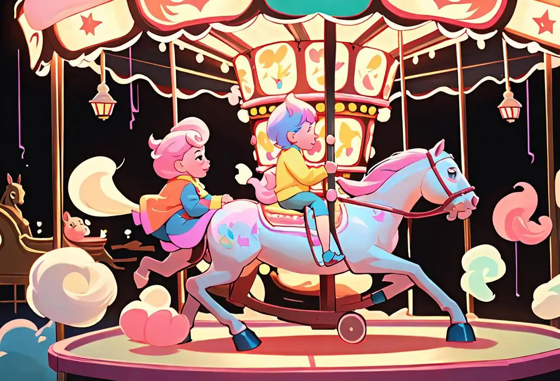 A joyful child riding a colorful carousel horse, surrounded by twinkling lights and the sweet smell of cotton candy in the air. .