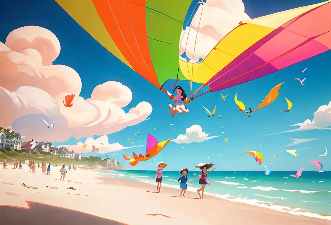 A group of people wearing windbreakers, holding onto their hats, on a breezy beach with colorful kites flying in the sky..