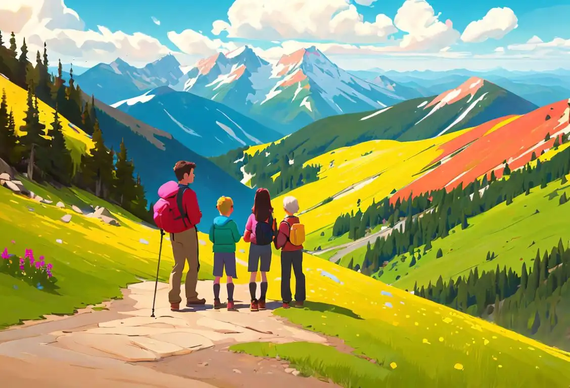 A family of hikers standing on top of a mountain, wearing colorful outdoor clothing, surrounded by breathtaking natural scenery..