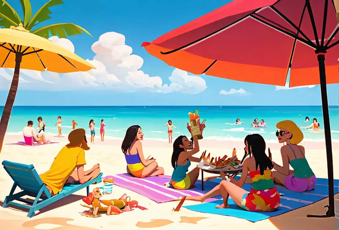 Group of friends enjoying hot dogs and tequila shots on a sunny beach, wearing colorful summer outfits and surrounded by beach umbrellas and palm trees..
