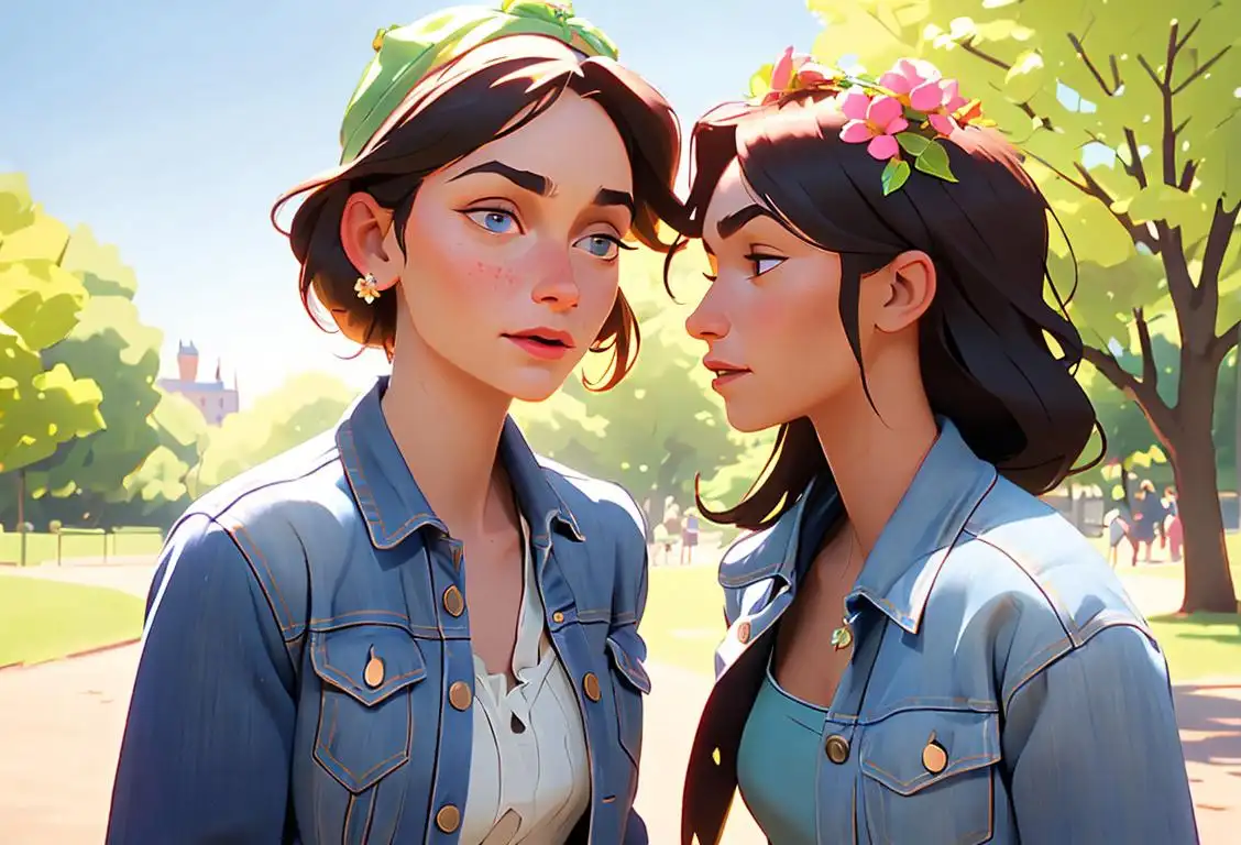Two friends embracing each other, one wearing a flower crown and bohemian dress, while the other wears a baseball cap and denim jacket in a sunny park..