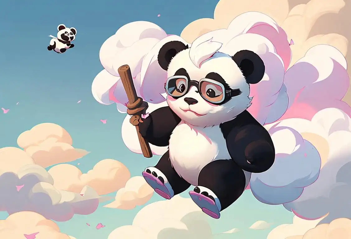 Cute panda wearing aviator goggles, flying through the sky amidst fluffy cotton candy clouds..