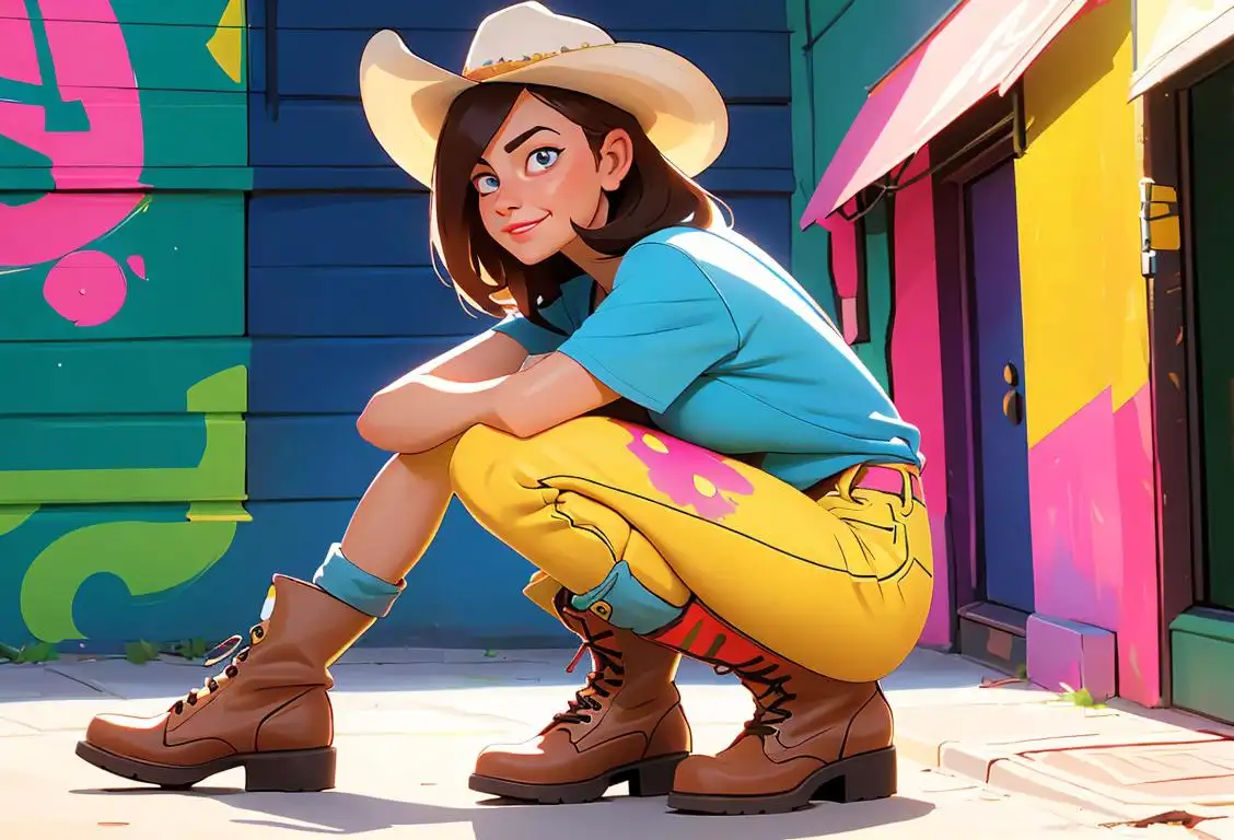 Cheerful woman wearing a colorful bs-themed t-shirt, cowboy hat, and boots, surrounded by an urban street filled with vibrant bs-themed decorations..