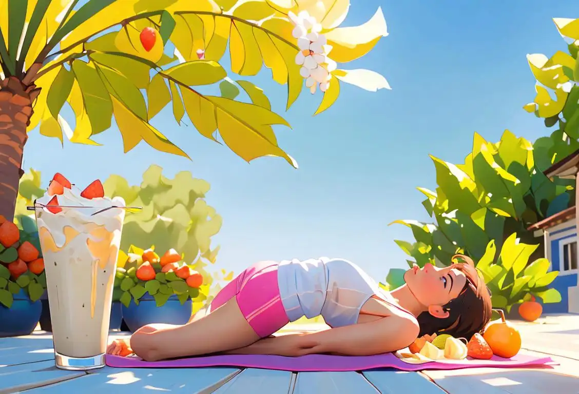 A sunny outdoor scene with a spoonful of creamy Greek yogurt, surrounded by fresh fruits and a yoga mat in the background..