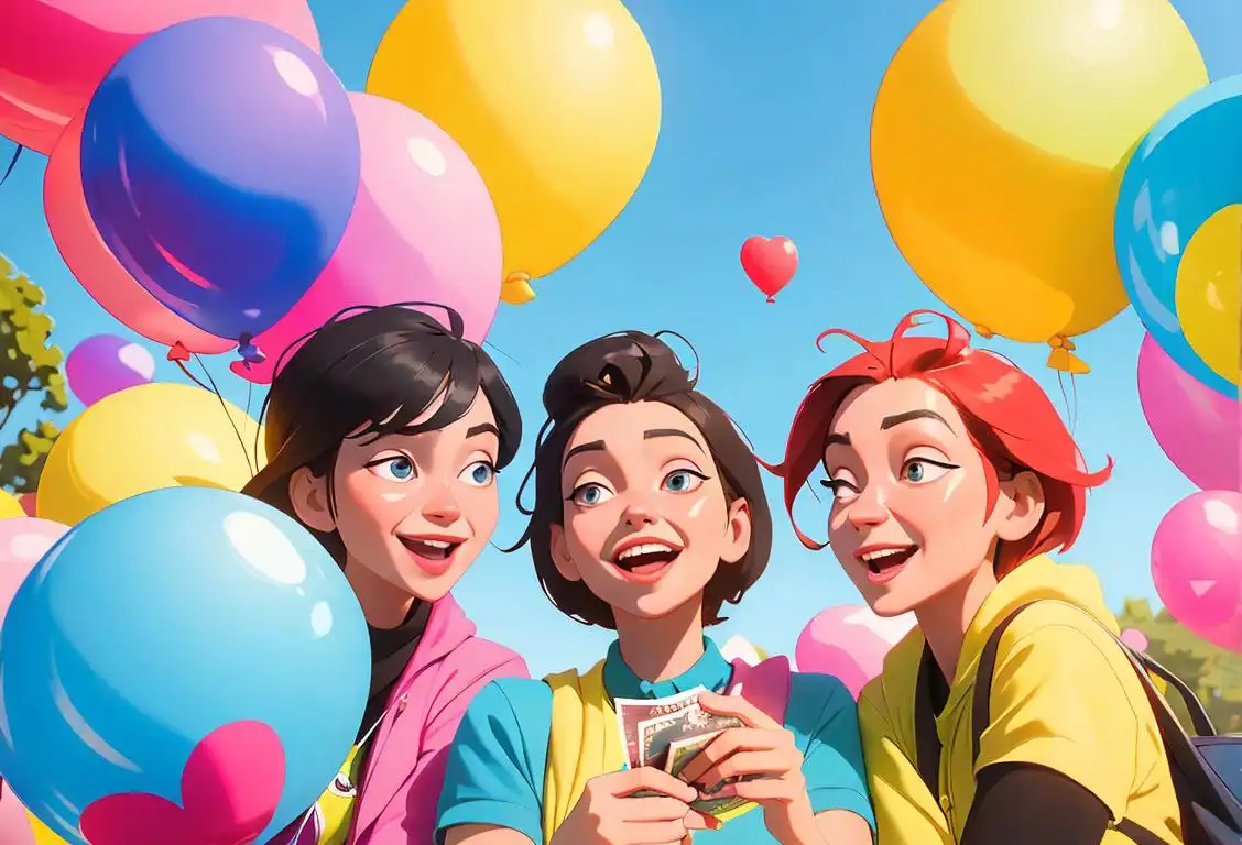 A cheerful group of friends exchanging money, surrounded by colorful balloons and a sunny park setting..