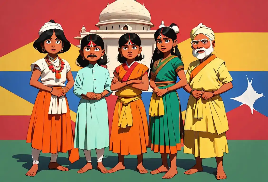 A group of diverse individuals, dressed in traditional Indian attire, proudly displaying their native languages amidst a vibrant backdrop of India's cultural landmarks..