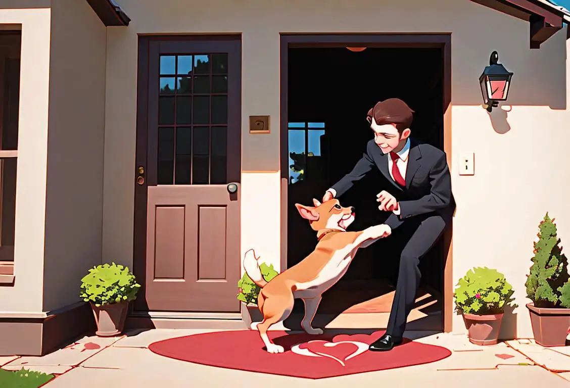 Young man reaching out for a cute dog, wearing a suit, outside a cozy home with a heart-shaped door mat..