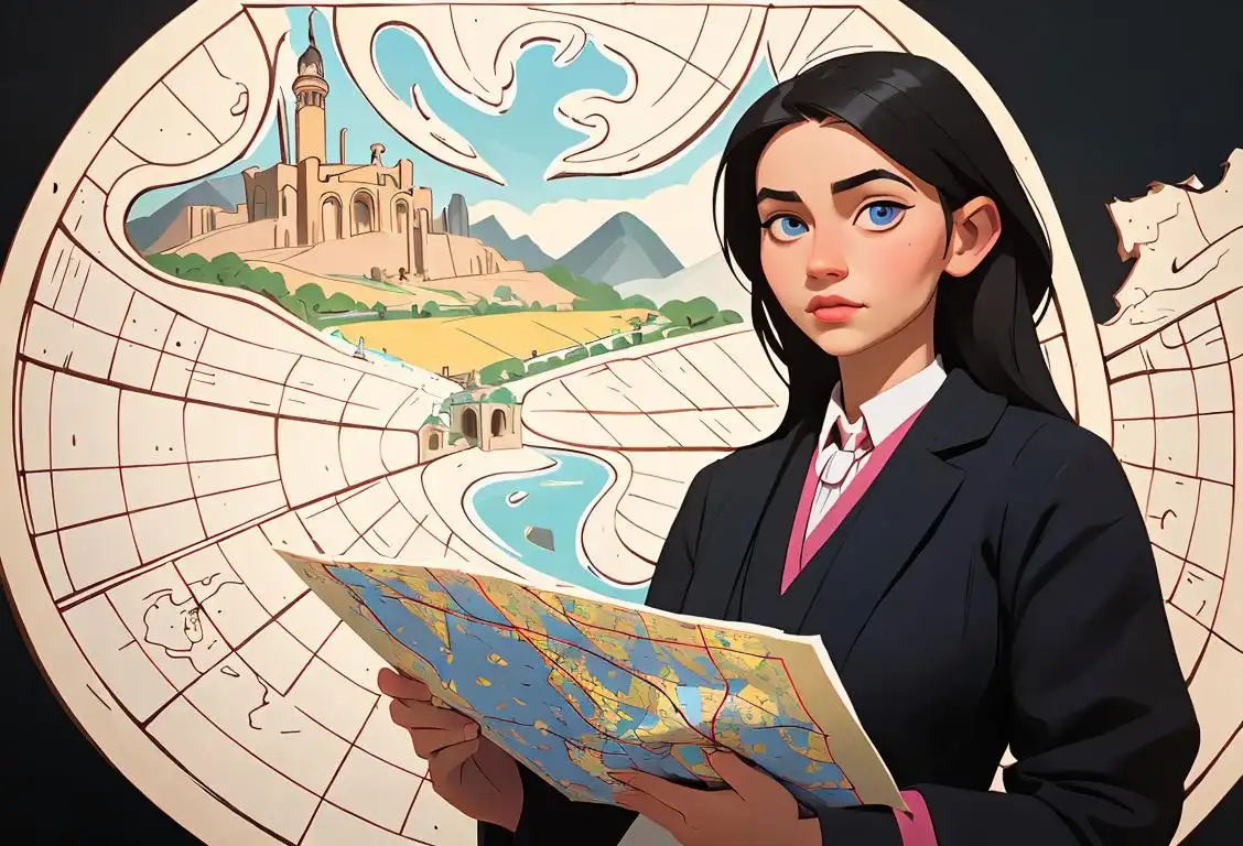 Young woman in regional attire, holding a map, surrounded by iconic landmarks and diverse cultural symbols..