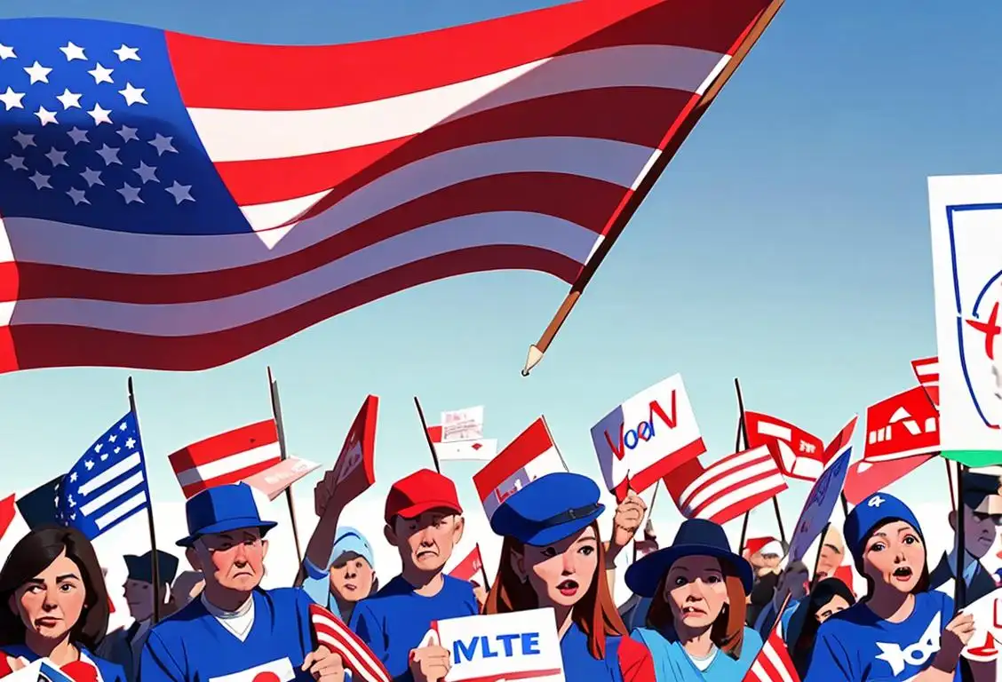 A diverse group of people wearing red, white, and blue clothing, holding voting signs, with an American flag waving in the background..