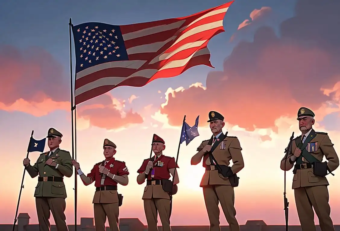 A group of veterans standing together, proudly holding up the American flag, with a beautiful sunset in the background..