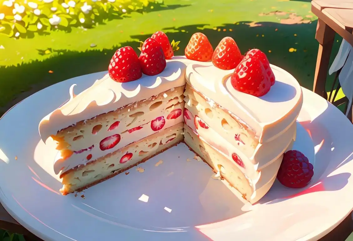 A slice of spongecake with whipped cream frosting, surrounded by fresh berries, set against a sunny outdoor picnic scene..