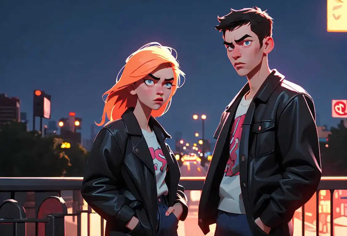 A young couple standing outdoors, wearing trendy clothes, with bright city lights in the background..
