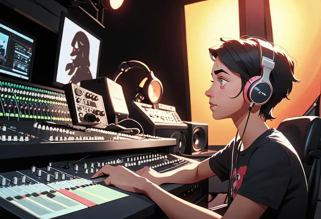 Young sound engineer adjusting audio mixer in a professional recording studio, wearing headphones and a vintage band t-shirt..
