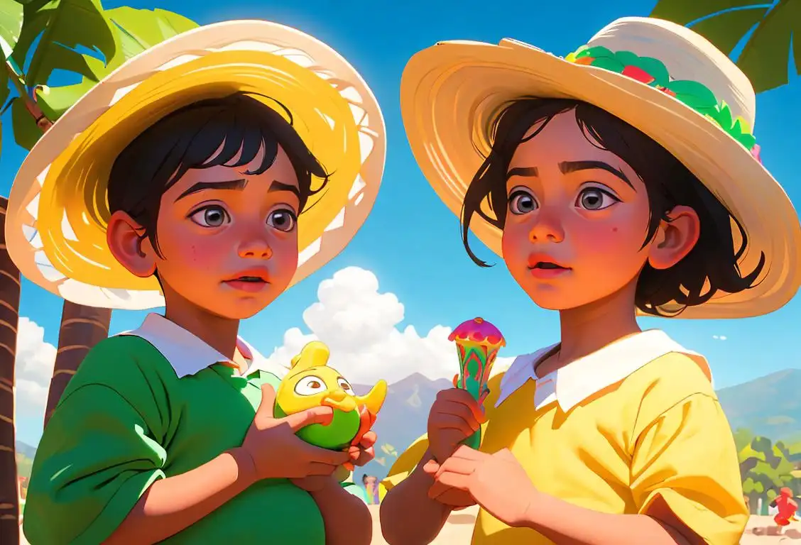 Joyful children wearing sombreros, playing with maracas and surrounded by colorful Mexican decorations and landscapes..