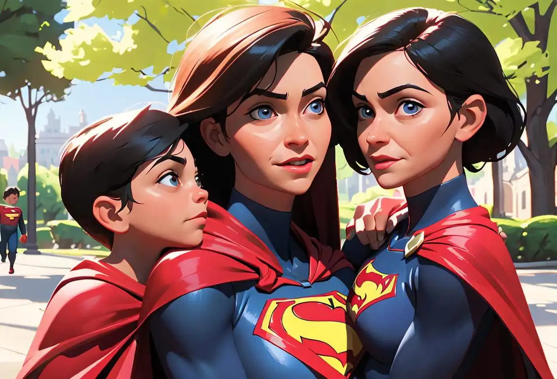 A strong, confident single mom in her superhero cape, surrounded by her loving children at a park..